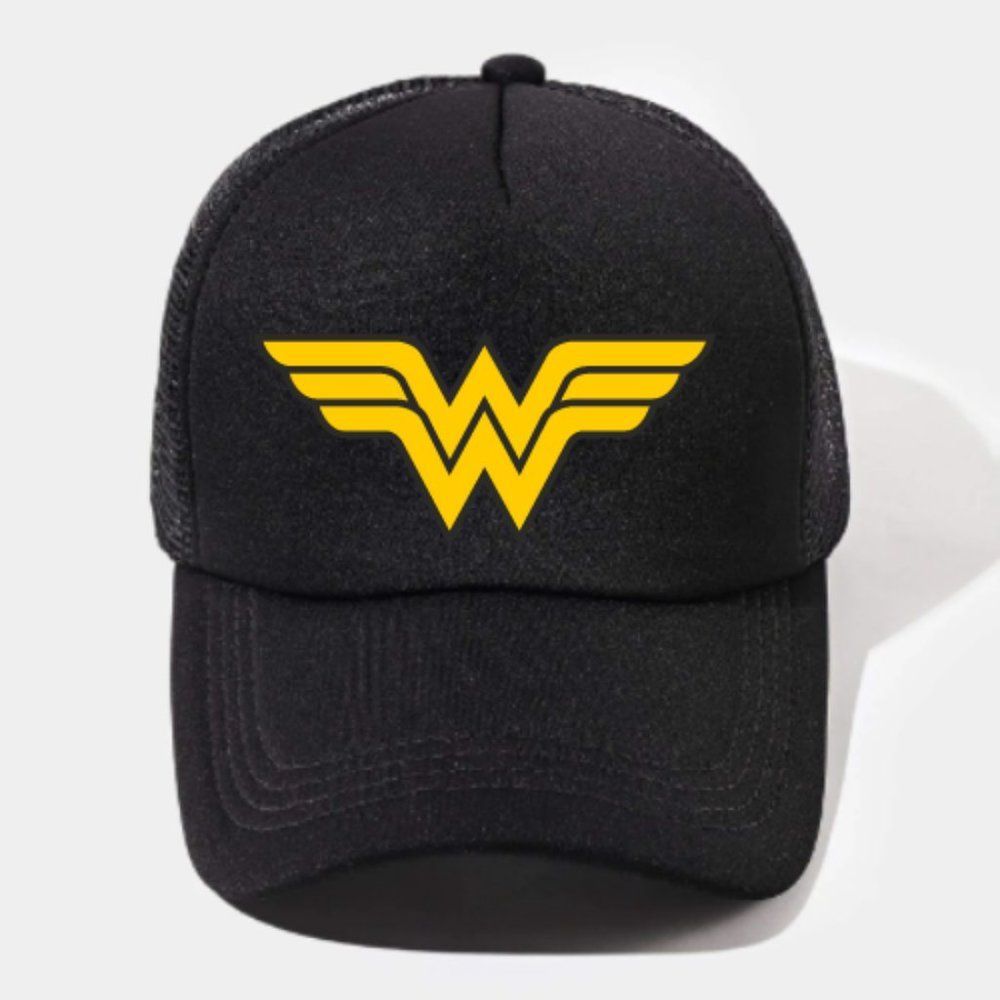 Wonder Woman Black Mesh Trucker Hat, Adjustable Hat, Yellow Logo Hat